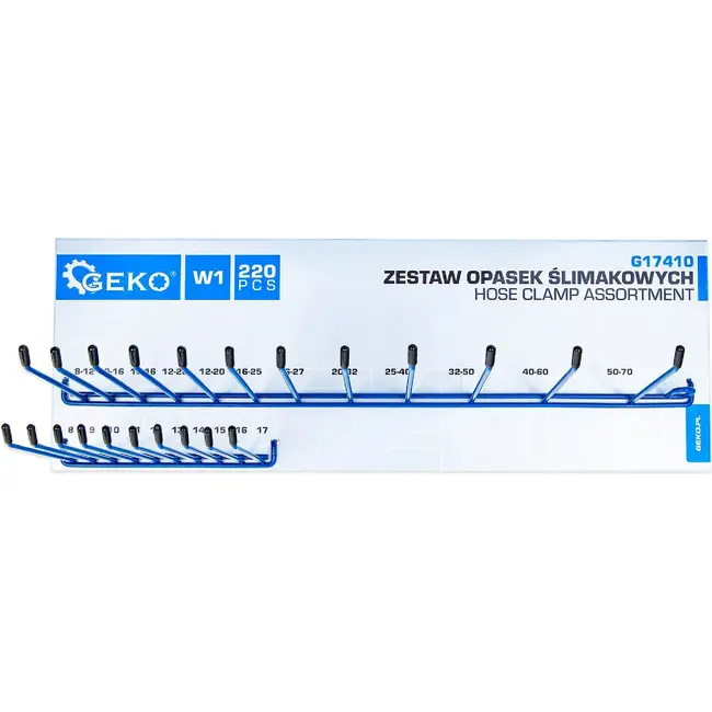 GEKO Slangklem assortiment set 220 stuks met 22 maten en metalen wandrek