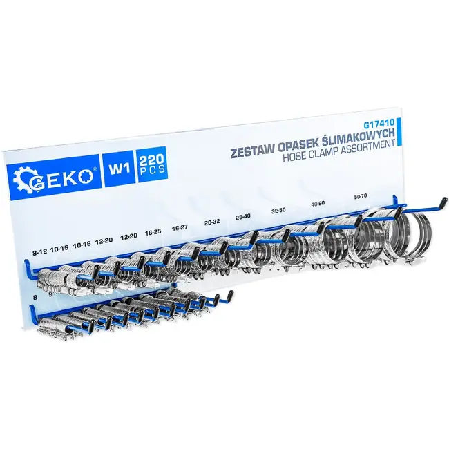 GEKO Slangklem assortiment set 220 stuks met 22 maten en metalen wandrek
