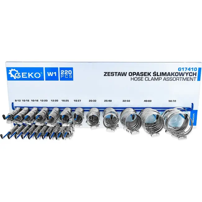 GEKO Slangklem assortiment set 220 stuks met 22 maten en metalen wandrek