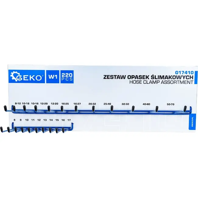 GEKO Slangklem assortiment set 220 stuks met 22 maten en metalen wandrek
