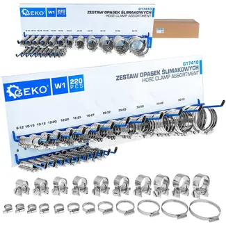 GEKO Slangklem assortiment set 220 stuks met 22 maten en metalen wandrek