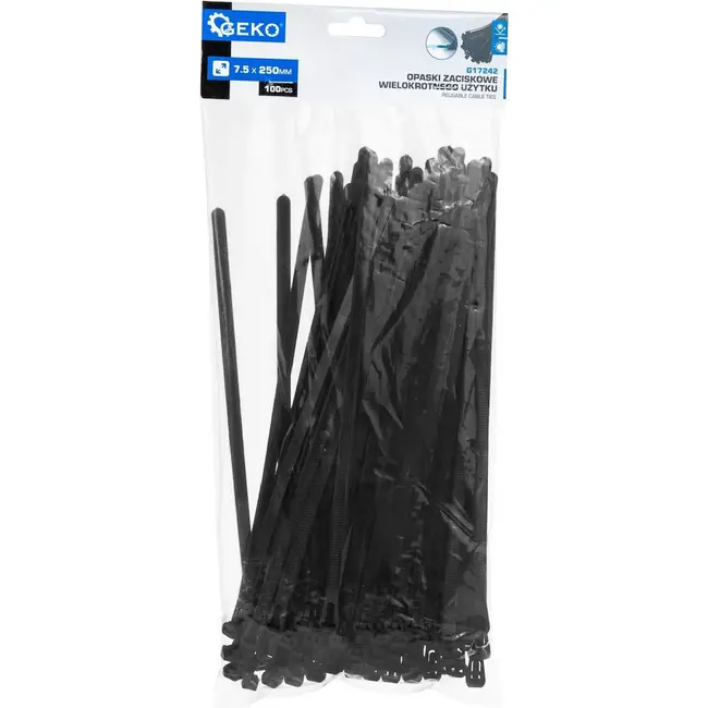 GEKO Zwarte herbruikbare kabelbinders 7,5 x 250 mm voor kabels en montage 100 stuks