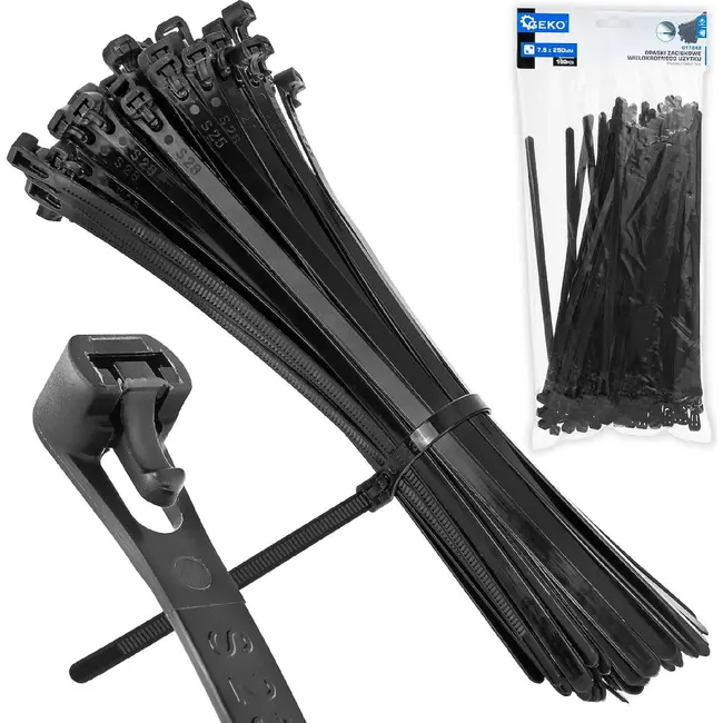 GEKO Zwarte herbruikbare kabelbinders 7,5 x 250 mm voor kabels en montage 100 stuks