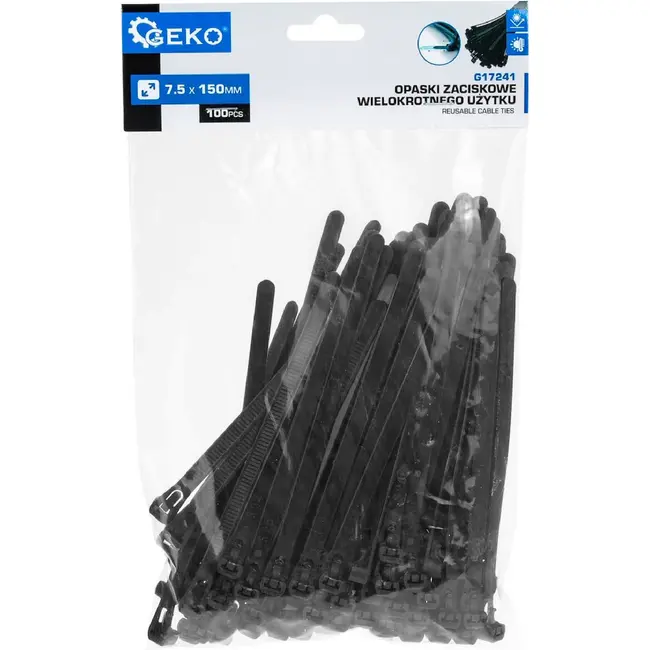 GEKO Zwarte herbruikbare kabelbinders 7,5 x 150 mm voor compacte kabelbundels 100 stuks