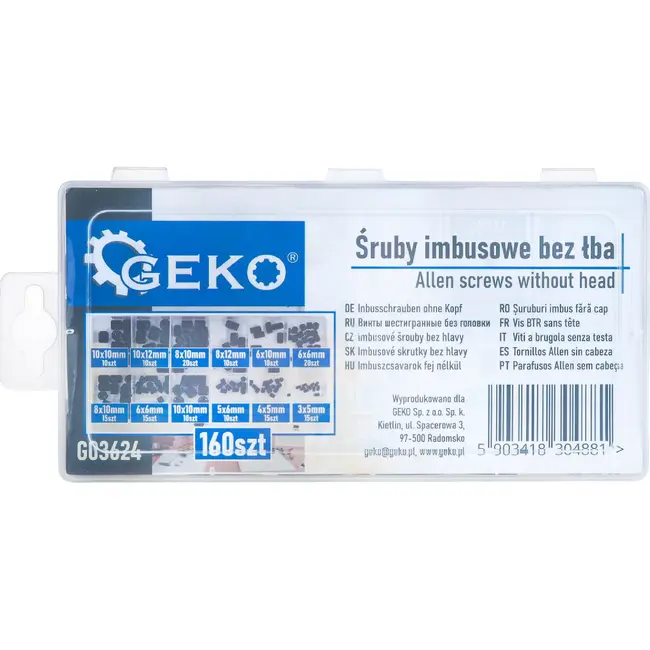 GEKO Zwarte inbus stelschroeven zonder kop 160 stuks in maten 3 x 5 mm tot 10 x 12 mm