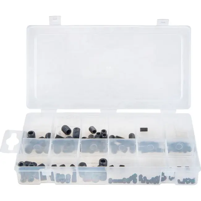 GEKO Zwarte inbus stelschroeven zonder kop 160 stuks in maten 3 x 5 mm tot 10 x 12 mm