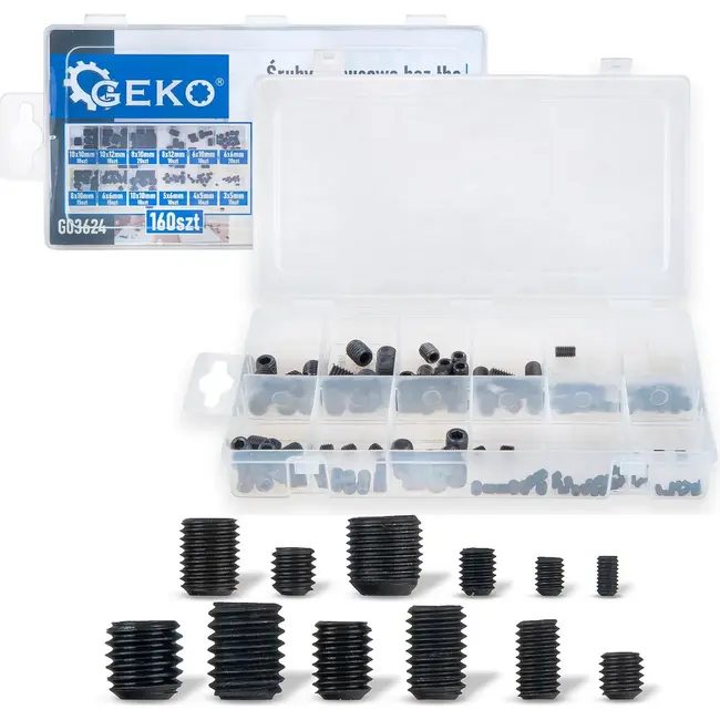 GEKO Zwarte inbus stelschroeven zonder kop 160 stuks in maten 3 x 5 mm tot 10 x 12 mm