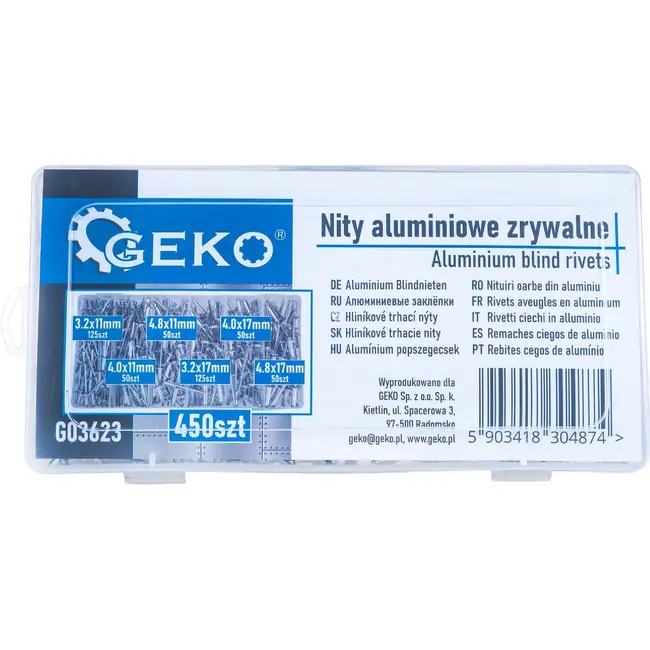 GEKO Aluminium popnagels set 450 stuks met maten 3,2 tot 4,8 mm in opbergkoffer