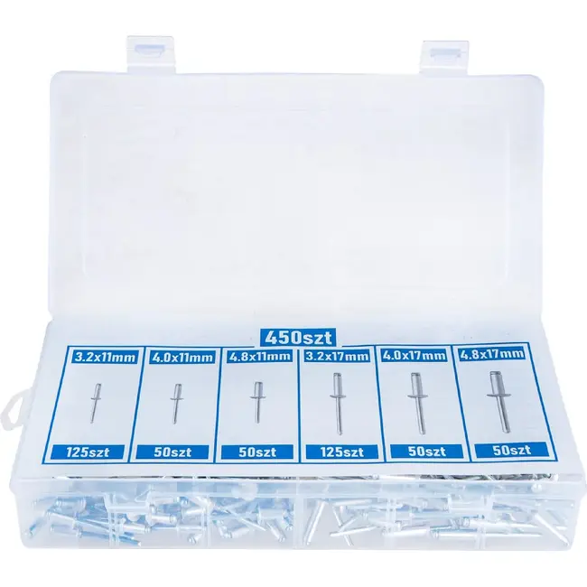 GEKO Aluminium popnagels set 450 stuks met maten 3,2 tot 4,8 mm in opbergkoffer