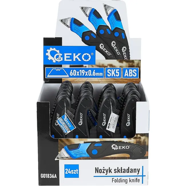 GEKO Inklapbaar veiligheidsmes 24 stuks met SK5 trapezium mes en ABS handgreep zwart blauw