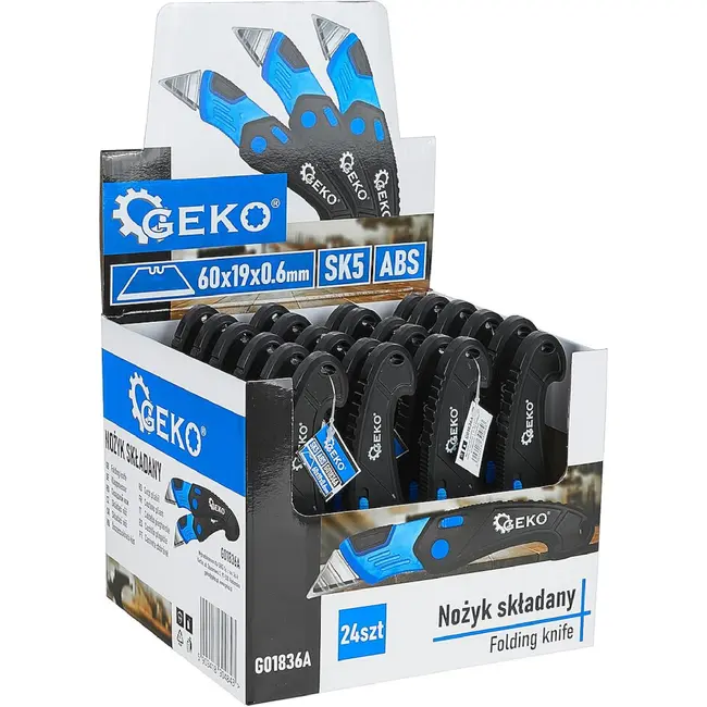GEKO Inklapbaar veiligheidsmes 24 stuks met SK5 trapezium mes en ABS handgreep zwart blauw