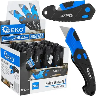 GEKO Inklapbaar veiligheidsmes 24 stuks met SK5 trapezium mes en ABS handgreep zwart blauw
