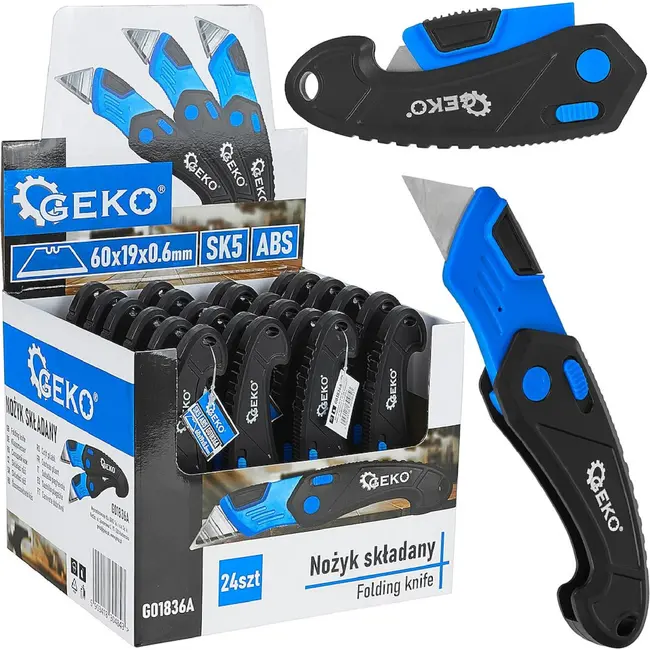 GEKO Inklapbaar veiligheidsmes 24 stuks met SK5 trapezium mes en ABS handgreep zwart blauw