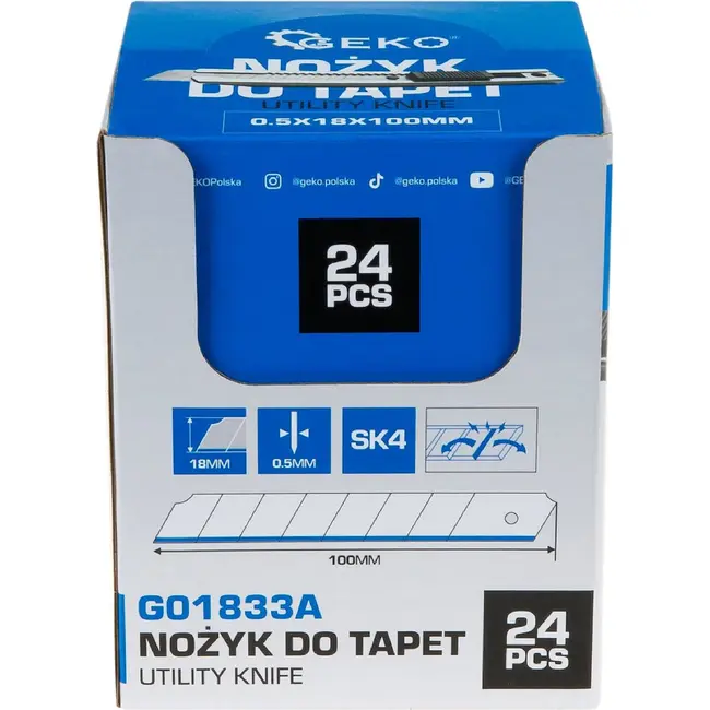 GEKO Afbreekmes 18 mm 24 stuks met metalen body meetschaal en SK4 mes 100 × 0,5 mm