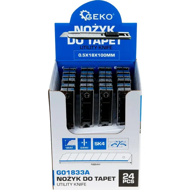 GEKO Afbreekmes 18 mm 24 stuks met metalen body meetschaal en SK4 mes 100 × 0,5 mm