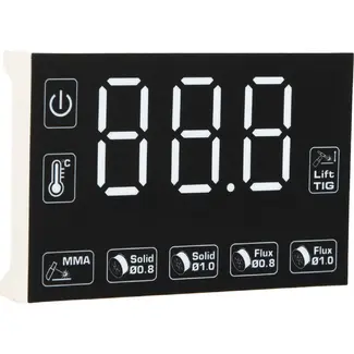 GEKO LED display voor MIG/MAG/MMA lasapparaat 30-250 A met zwarte frontplaat en pictogrammen