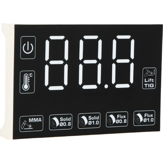 GEKO LED display voor MIG/MAG/MMA lasapparaat 30-250 A met zwarte frontplaat en pictogrammen