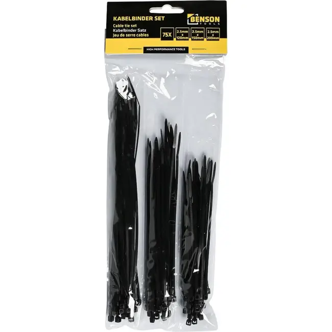 Benson Tie Rib Kabelbinders Set - Sterk en Duurzaam - 75 stuks - Zwart