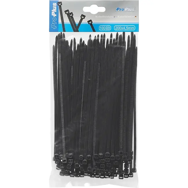 ProPlus Kabelbinders - 200 x 4,5 mm - Zwart - 100 stuks - Hoge treksterkte - Breed temperatuurbereik