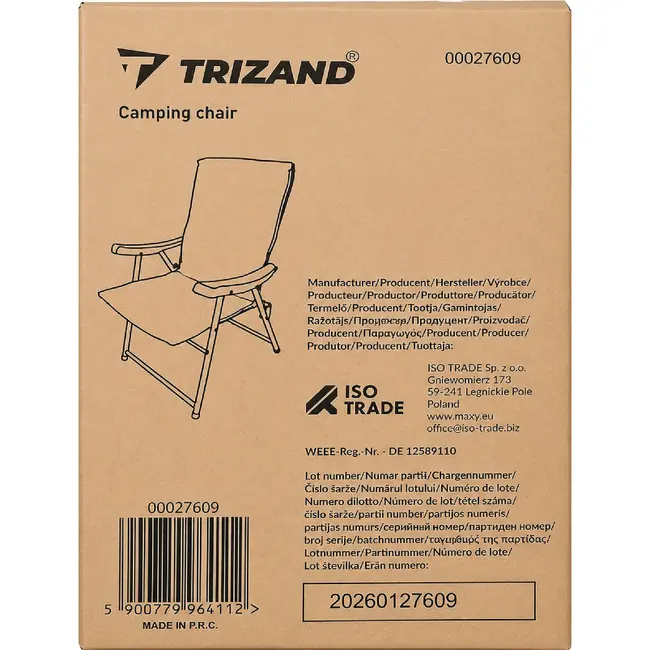 Trizand Inklapbare campingstoel zwart 59 x 70 x 91 cm voor camping tuin en outdoor gebruik