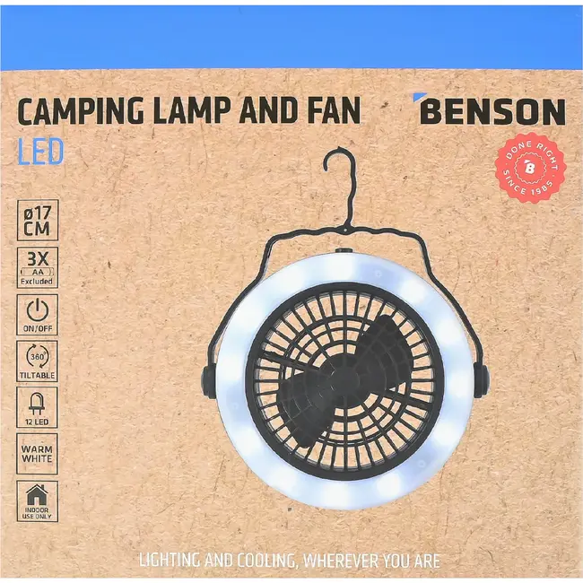 Benson Multifunctionele ventilator met LED verlichting - 3 standen - Werkt op batterijen - Ø 18 cm