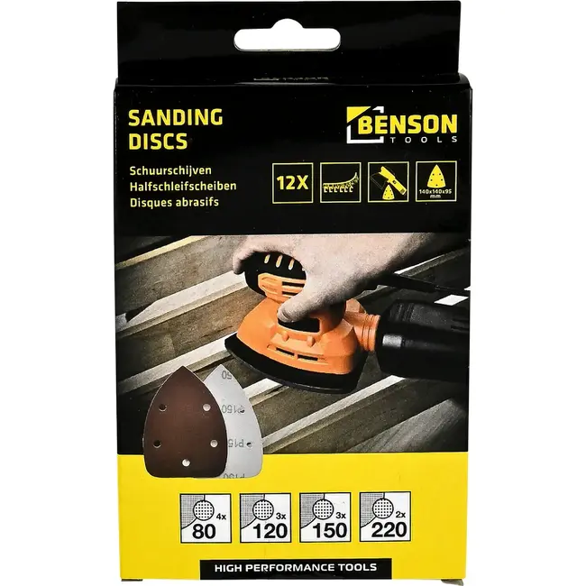 Benson Driehoekige schuurschijven set - 140 x 95 mm - 12 stuks - Velcro bevestiging - Geschikt voor houtbewerking