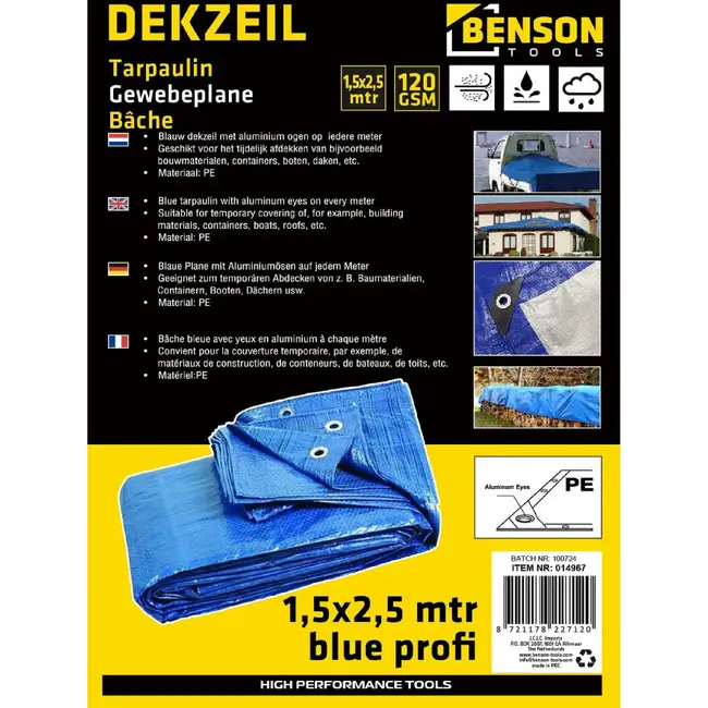 Benson Blauw dekzeil - 1,5 x 2,5 m - PE 120GSM - met hoekversteviging