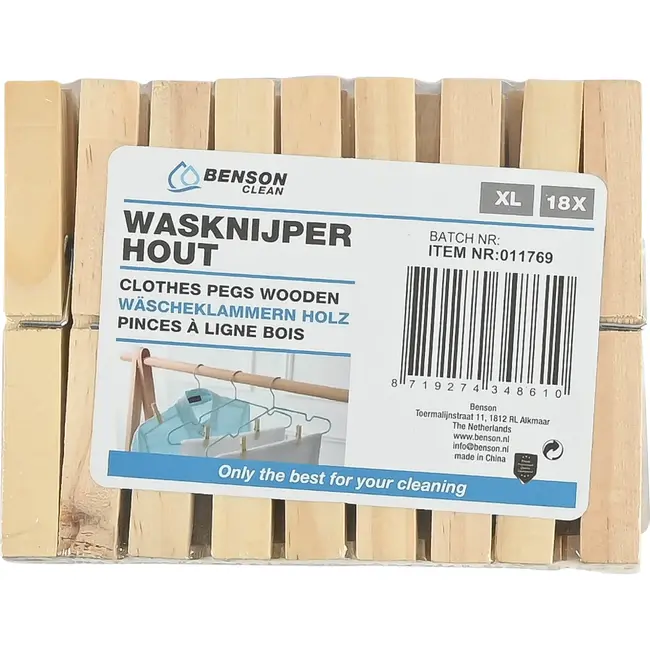 Benson Houten wasknijpers XXL - duurzaam berkenhout - set van 18 stuks - roestvrije veer