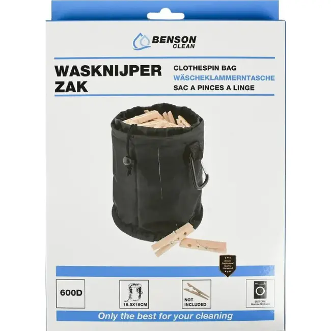 Benson Handige wasknijperzak met karabijnhaak - zwart - wind- en waterdicht - Ø 16,5 x 18 cm