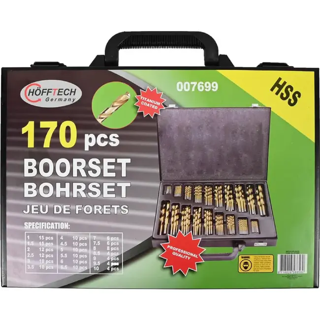 Hofftech 170-delige HSS titanium boorset - veelzijdig en duurzaam - inclusief metalen koffer