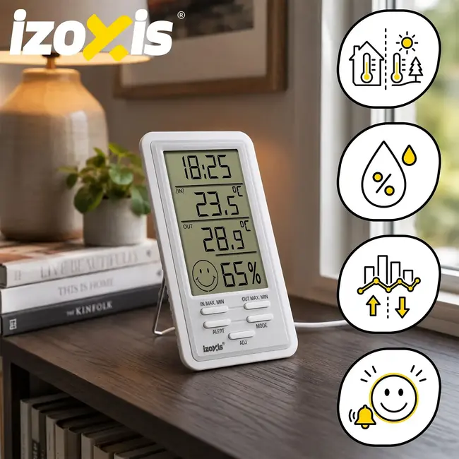 Izoxis Digitaal Weerstation met Binnen en Buiten Thermometer Hygrometer LCD Display 14,5 x 8 x 2,4 cm