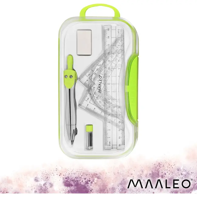 Maaleo Meetkundeset 7-delig met Passer, Liniaal 15 cm, Geodriehoeken en Gradenboog in Opbergdoos