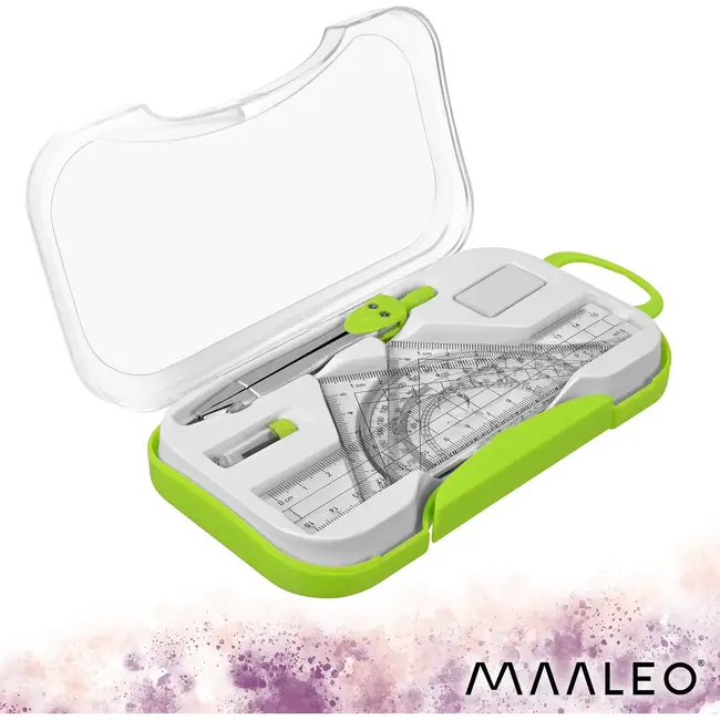 Maaleo Meetkundeset 7-delig met Passer, Liniaal 15 cm, Geodriehoeken en Gradenboog in Opbergdoos