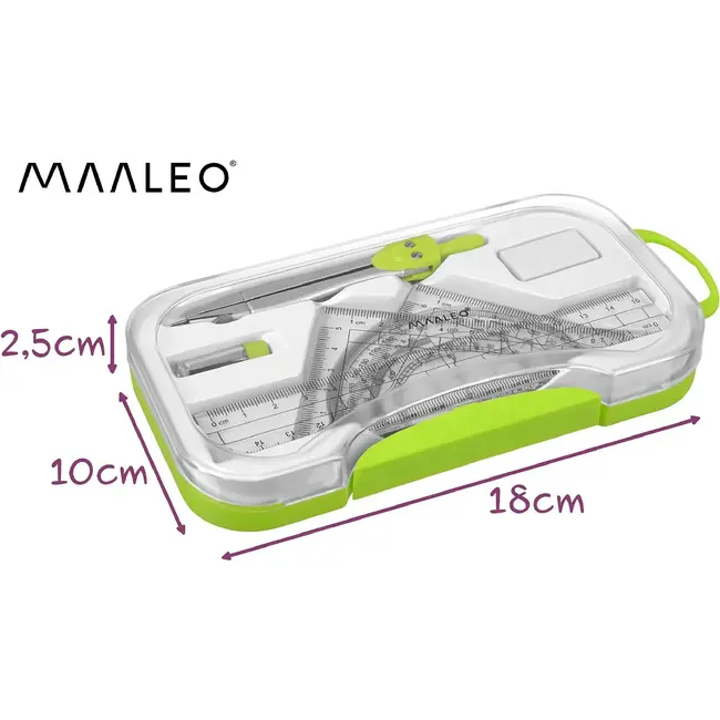 Maaleo Meetkundeset 7-delig met Passer, Liniaal 15 cm, Geodriehoeken en Gradenboog in Opbergdoos