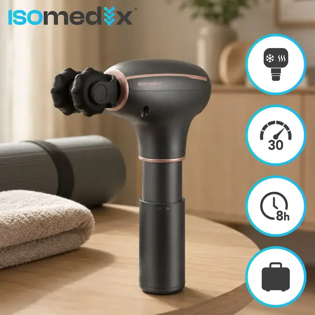 Isomedix Massagepistool met Warm Koud Kop, 30 Snelheden, 7 Massagekoppen en Draagtas voor Spiermassage