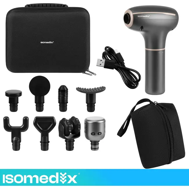 Isomedix Massagepistool met Warm Koud Kop, 30 Snelheden, 7 Massagekoppen en Draagtas voor Spiermassage