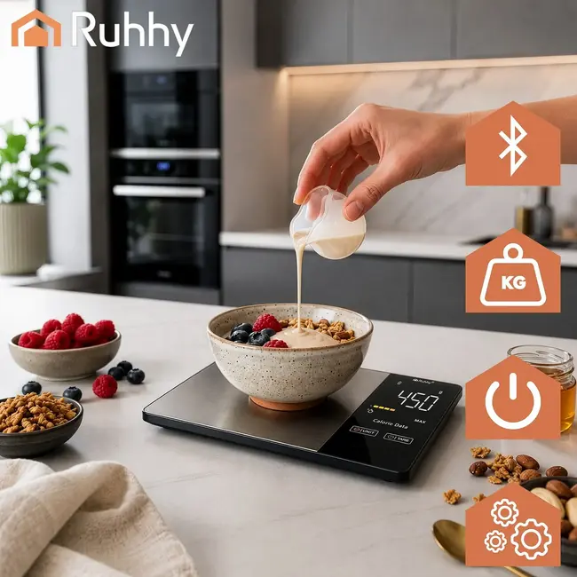 Ruhhy Bluetooth keukenweegschaal 5 kg met Fitdays-app, LED-display, tare-functie en nauwkeurigheid van 1 g