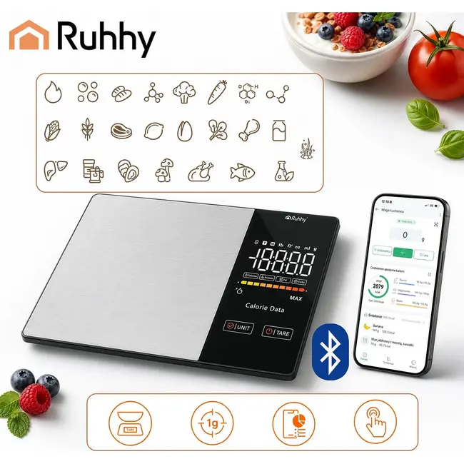 Ruhhy Bluetooth keukenweegschaal 5 kg met Fitdays-app, LED-display, tare-functie en nauwkeurigheid van 1 g