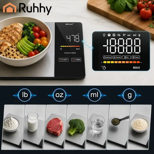 Ruhhy Bluetooth keukenweegschaal 5 kg met Fitdays-app, LED-display, tare-functie en nauwkeurigheid van 1 g