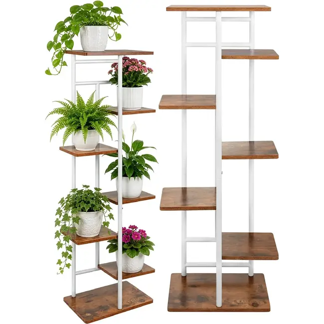 Gardlov Staande plantenstandaard 120 cm met 7 planken, metalen frame en houtlook MDF voor kamerplanten