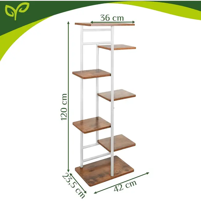 Gardlov Staande plantenstandaard 120 cm met 7 planken, metalen frame en houtlook MDF voor kamerplanten