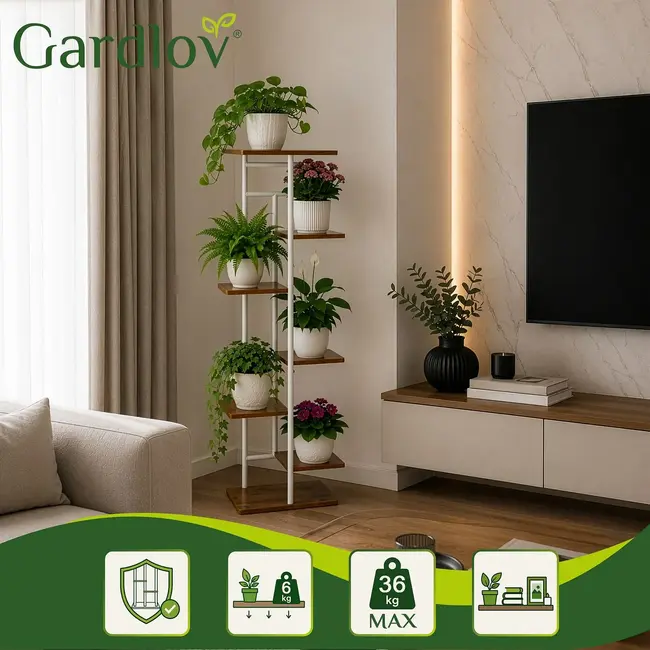 Gardlov Staande plantenstandaard 120 cm met 7 planken, metalen frame en houtlook MDF voor kamerplanten