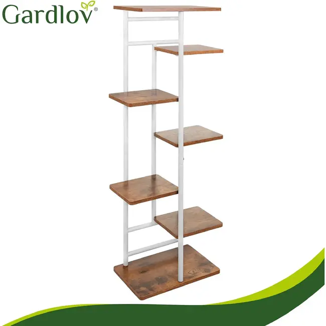 Gardlov Staande plantenstandaard 120 cm met 7 planken, metalen frame en houtlook MDF voor kamerplanten