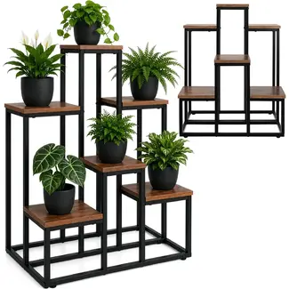 Ruhhy Staande plantenstandaard 67 cm met 6 planken, zwart metalen frame en houtlook MDF voor planten