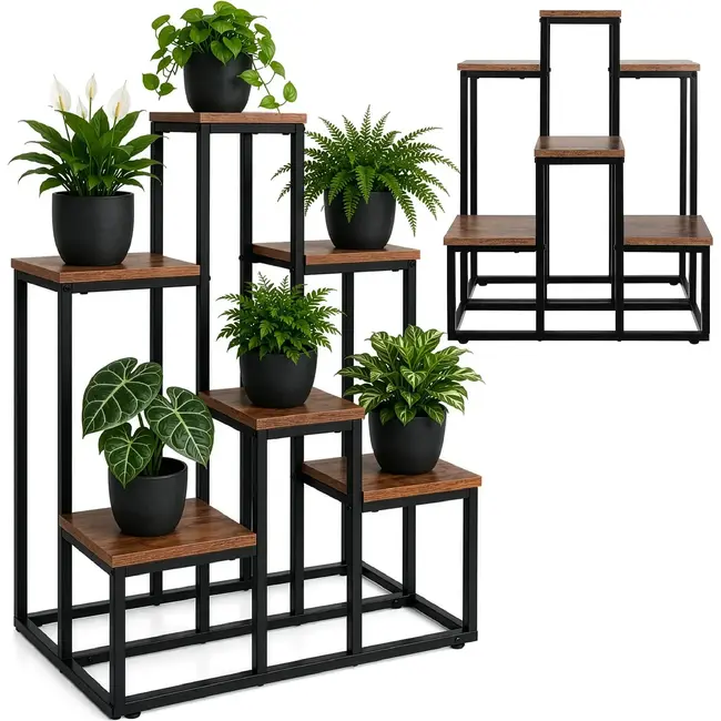 Ruhhy Staande plantenstandaard 67 cm met 6 planken, zwart metalen frame en houtlook MDF voor planten