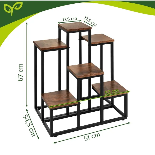 Ruhhy Staande plantenstandaard 67 cm met 6 planken, zwart metalen frame en houtlook MDF voor planten