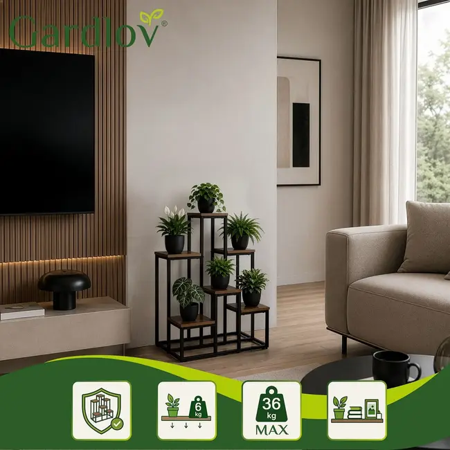 Ruhhy Staande plantenstandaard 67 cm met 6 planken, zwart metalen frame en houtlook MDF voor planten