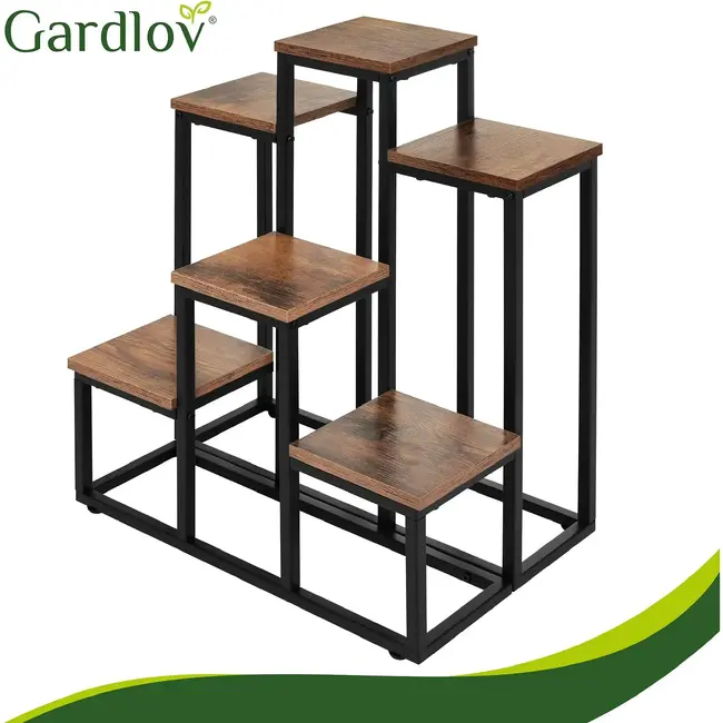 Ruhhy Staande plantenstandaard 67 cm met 6 planken, zwart metalen frame en houtlook MDF voor planten