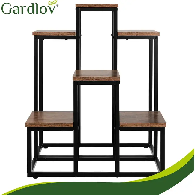 Ruhhy Staande plantenstandaard 67 cm met 6 planken, zwart metalen frame en houtlook MDF voor planten