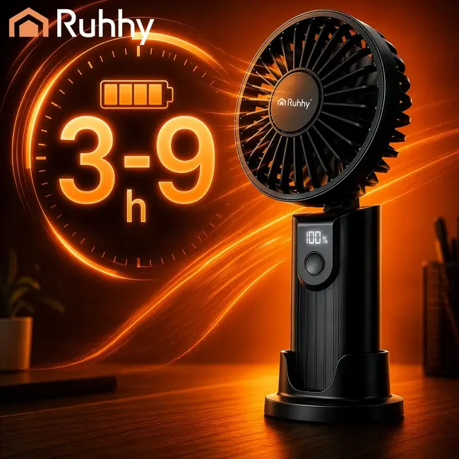 Ruhhy Mini handventilator zwart met USB-C, 2400 mAh accu, 4 standen en LED-display voor thuis en onderweg